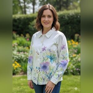 Elegant white blazer with vibrant floral design. Features button closure